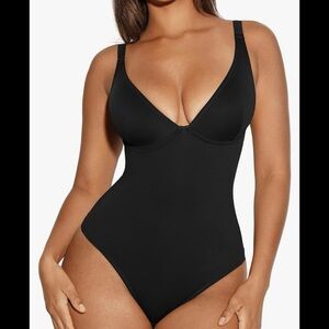 Black Tummy Control Body Suit Deep V Neck/Thong Body Shaper BY Feeling Girl